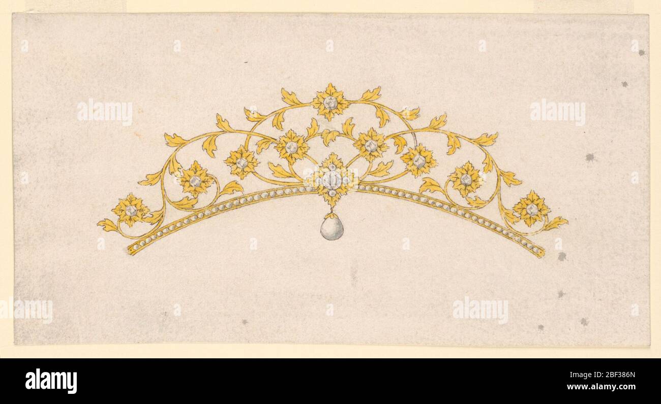 Design für einen Coronet. Horizontales Rechteck. Design für eine kleine Krone oder Tiara, die in Gold mit weißen Diamanten ausgeführt werden soll. Zweige mit Blättern und Blüten wie Rosetten mit einem Diamanten in der Mitte. Stockfoto