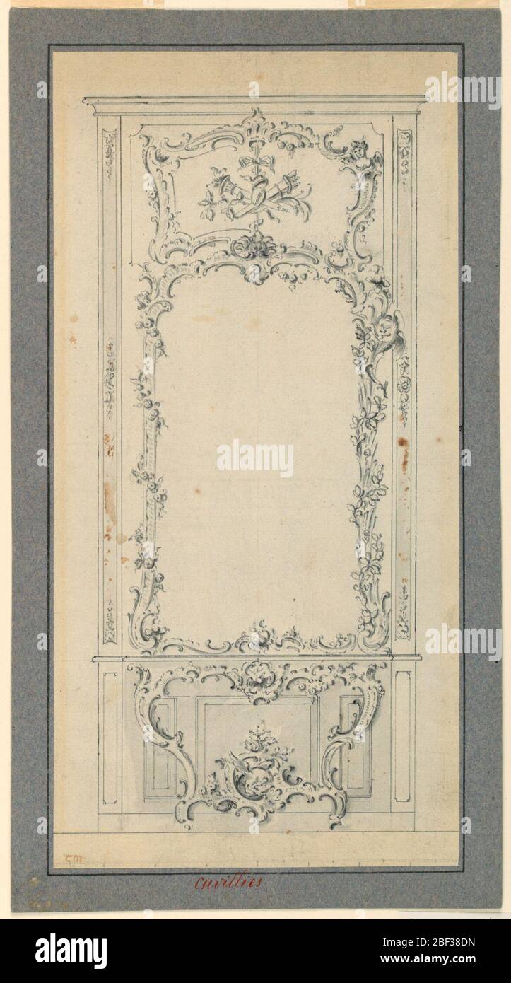 Design eines Konsolentisch mit Spiegel. Konzipiert, wahrscheinlich von einem Lehrling, im Stil von François Cuvilliés. Ein Drache wird in einem Escutcheon in der unteren Mitte des Tisches gezeigt, eine Trophäe von Attributen von Göttern in einer Tafel über dem Spiegel. Stockfoto