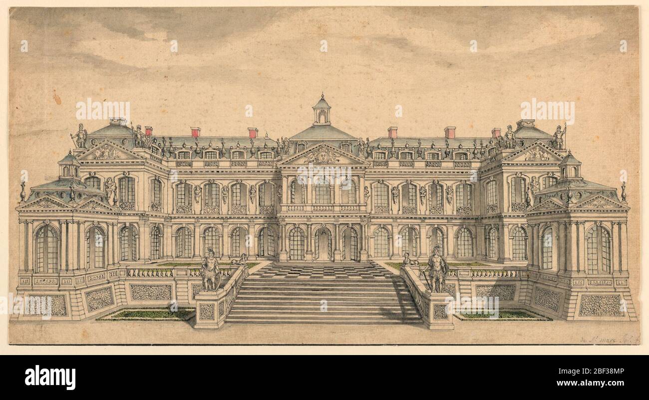 Erhebung einer Gartenfassade für einen kleinen französischen Palast. Eine Treppe führt zu einer Terrasse, deren Enden projizieren. Haus mit zwei Etagen und einer Mansarde. Der Mittelteil und die kurzen Flügel projizieren. Die meisten Fenster sind bei Sonnenschein geöffnet und werfen Schatten. Stockfoto