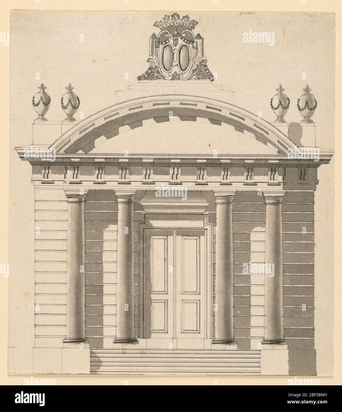 Entwurf für ein Mausoleum. Ein Treppenfluge führt zur geschlossenen Falttür, die von Paaren von eingebetteten dorischen Säulen flankiert wird. Eine rustikale Wand und ein triglyph Fries. Ein kreisförmiger Giebel, flankiert von Sockeln mit zwei Urnenpaaren und gekrönt von einem Escutcheon für zwei Wappen. Stockfoto