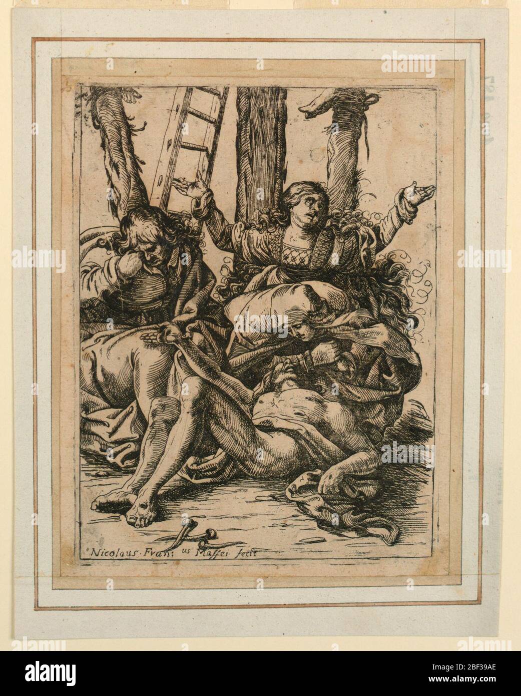 Die Klage. Die beiden Marys und der hl. Johannes trauern um den toten Christus am Fuße des Kreuzes. Stockfoto
