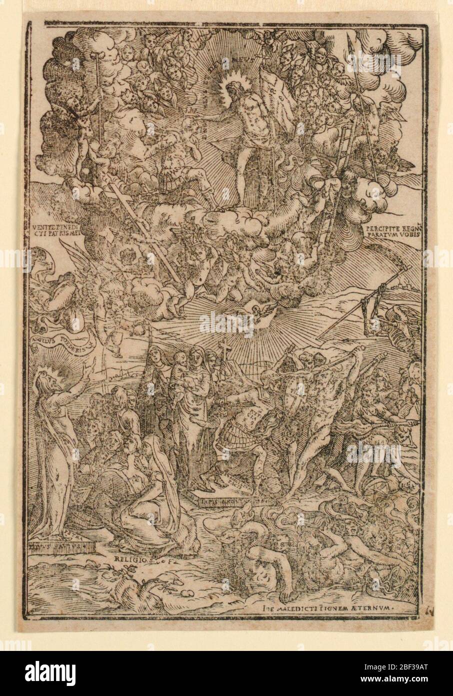 Religiöse Allegorie. Allegorie zeigt Krieger Verteidigung der Jungfrau und andere Figuren des Glaubens gegen böse Kräfte. Die Hölle unten gezeigt, und der auferstandene Christus in einem Nimbus krönt einen knienden Soldaten. Lateinische Inschrift erklären die verschiedenen Allegorien. Stockfoto