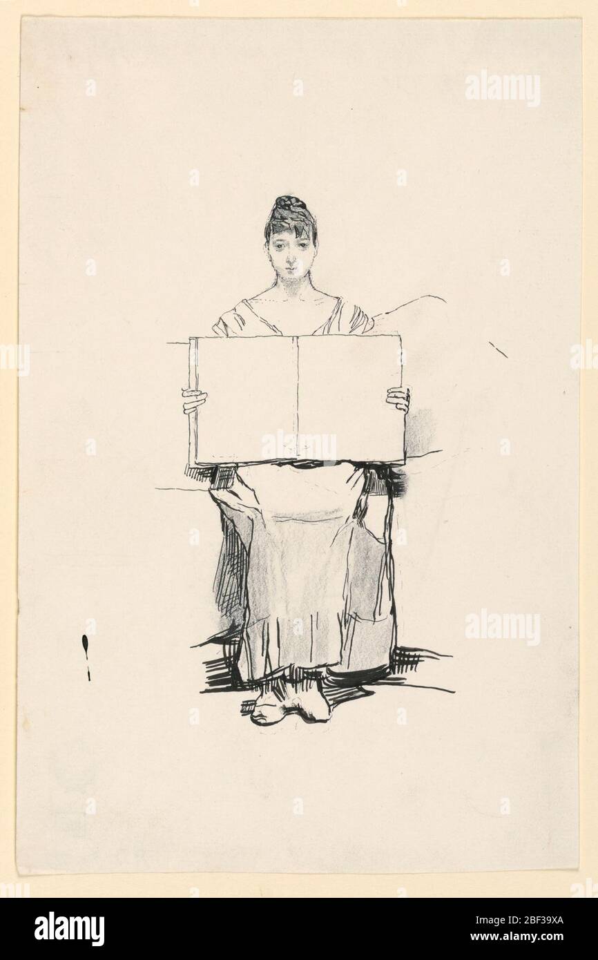 Studie einer jungen Frau. Vertikales Rechteck. Studie einer jungen Frau in einem langen Kleid sitzt und hält ein offenes Buch mit leeren Seiten zum Zuschauer. Stockfoto