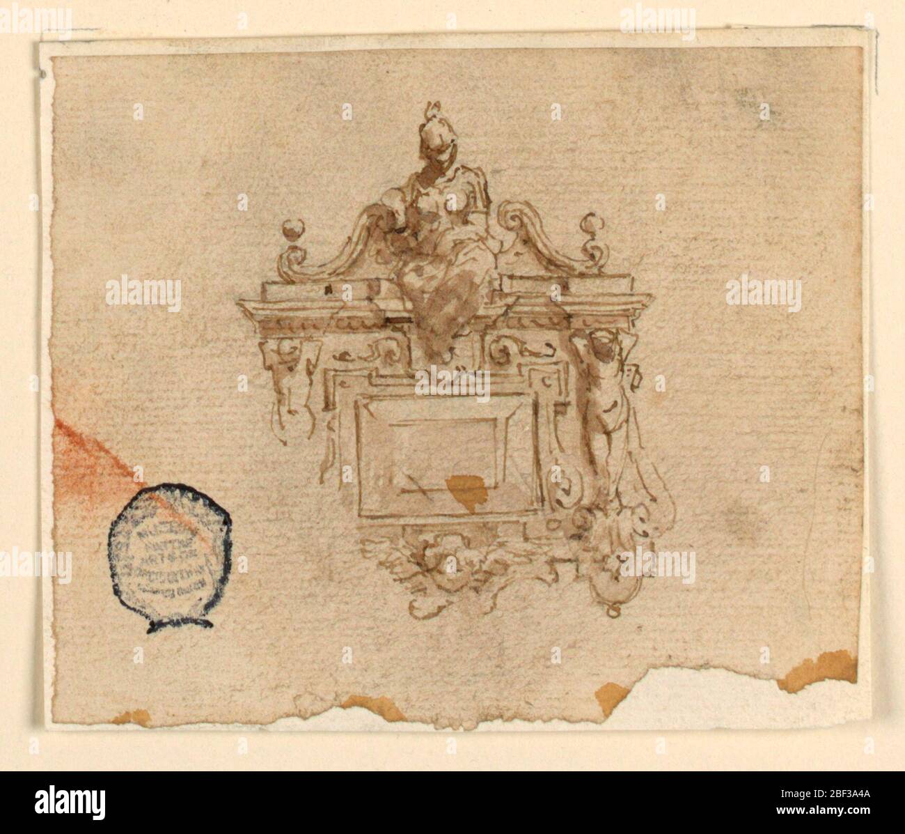 Design für Anhänger mit Frau in Helm. Eine weibliche Figur mit Helm sitzt in einem gebrochenen Giebel, auf einem Escutcheon. Unten flankieren zwei Zahlen einen mittleren Tablette. Geflügelter Kopf unten. Stockfoto