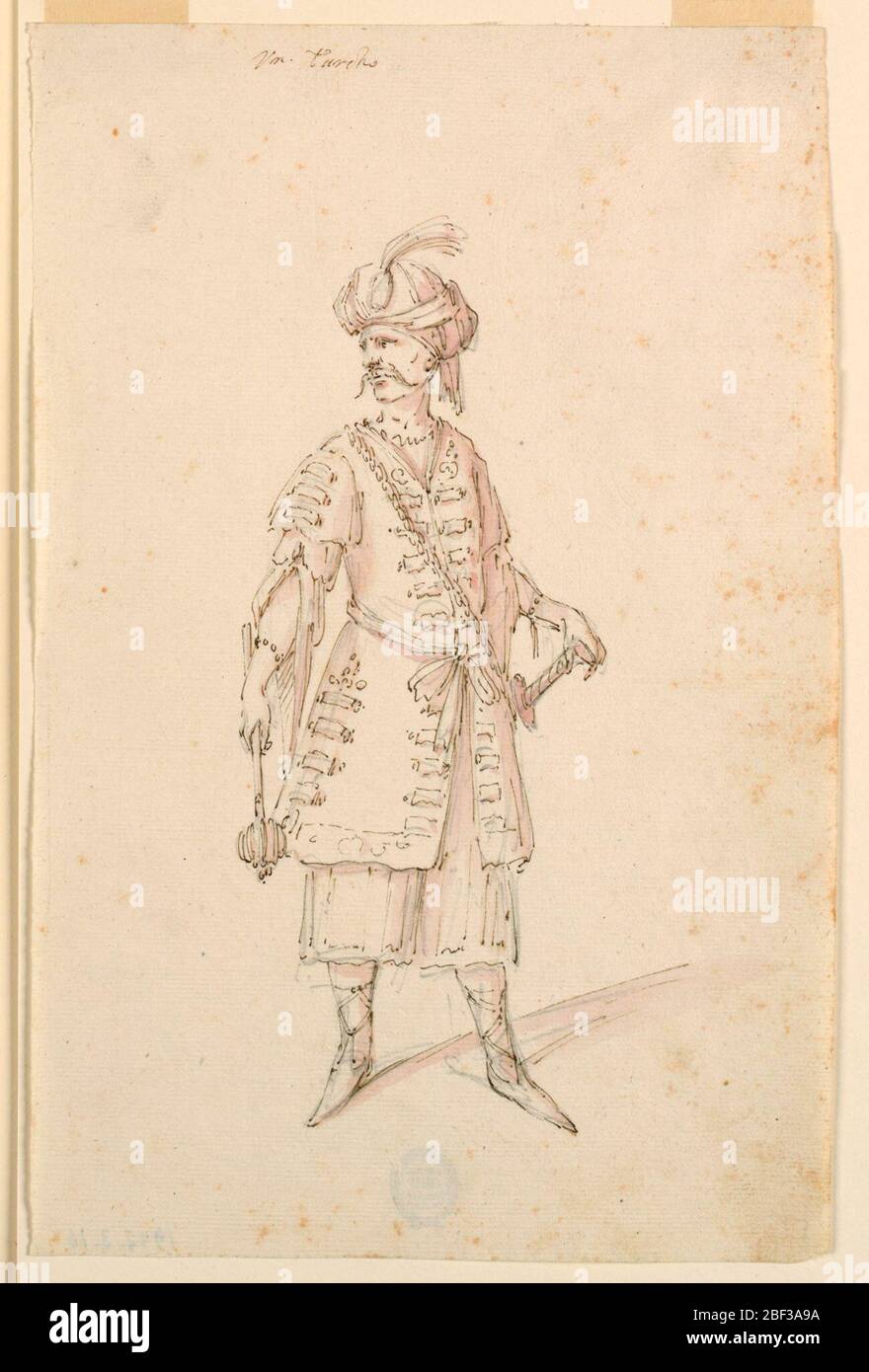 Kostümdesign EIN Türke für ein Ballett. Vertikales Rechteck. Stehend dargestellt, in Dreiviertelprofil, nach rechts gedreht. Die linke Hand ruht auf dem Schwertgriff, die abgesenkte rechte hatte einen Hurlbat. Oben geschrieben, in Tinte: VN Turcho. Stockfoto