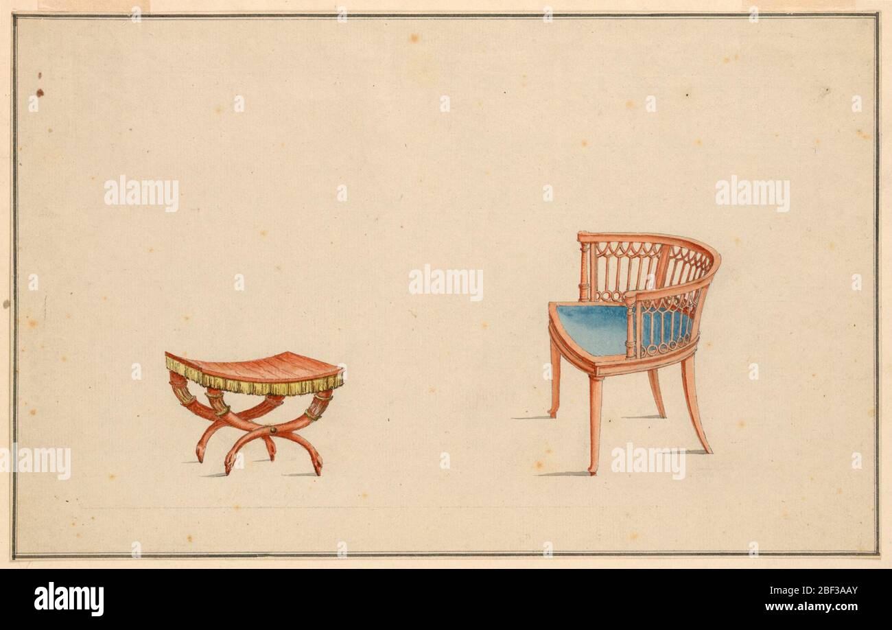 Design für Sessel und Hocker. Links: Curule-Hocker im ägyptischen Stil, x-förmige Beine, die in Vogelköpfen enden. Sitz ist in Gold umrandet.Rechts: Sessel, runder Rücken in einem gotischen Design durchbohrt, Beine leicht gespreizt, gepolsterter blauer Sitz. Stockfoto