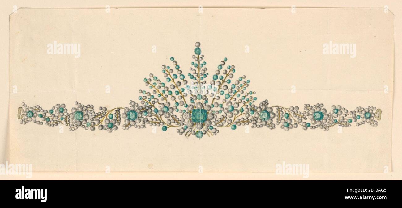 Design für einen Coronet. Schmuckdesign für ein Koronett (kleine Krone). In der Mitte eine große Palmette, aus der Rinceaux entspringen. Grüne und weiße Diamanten stehen im Kontrast. Stockfoto