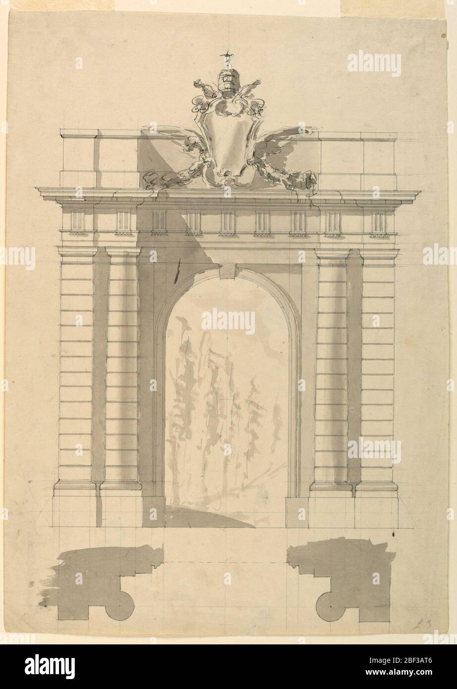Entwurf für eine Erhöhung und Plan eines Torwegees, der in einen Park führt. Vertikales Rechteck. Oben, die Höhe eines Torwees. Der Türrahmen ist länglich; die Türöffnung hat eine Halbkreisform. Die Entablatur mit einem triglyphen Fries rast seitlich und wird von einer eingebetteten Säule und einem Pilaster auf jeder Seite unterstützt. Stockfoto