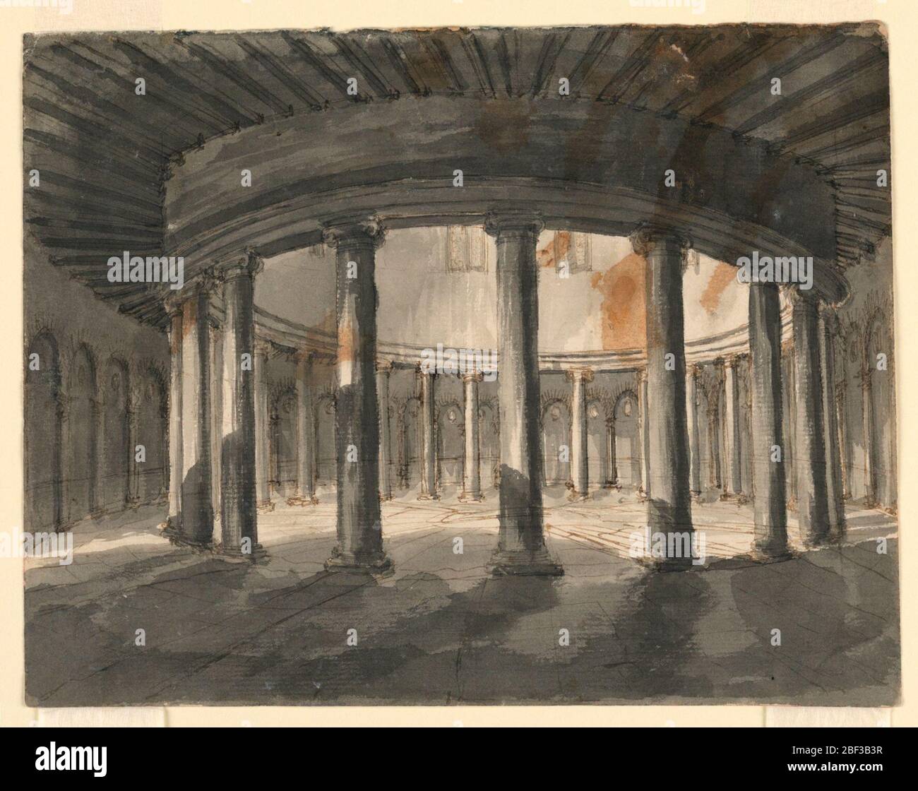 Bühnenbild Interieur des Rundbaus. Horizontales Rechteck. Das Innere des kreisförmigen Gebäudes, dessen obere Wände von Säulen gestützt werden. Stockfoto