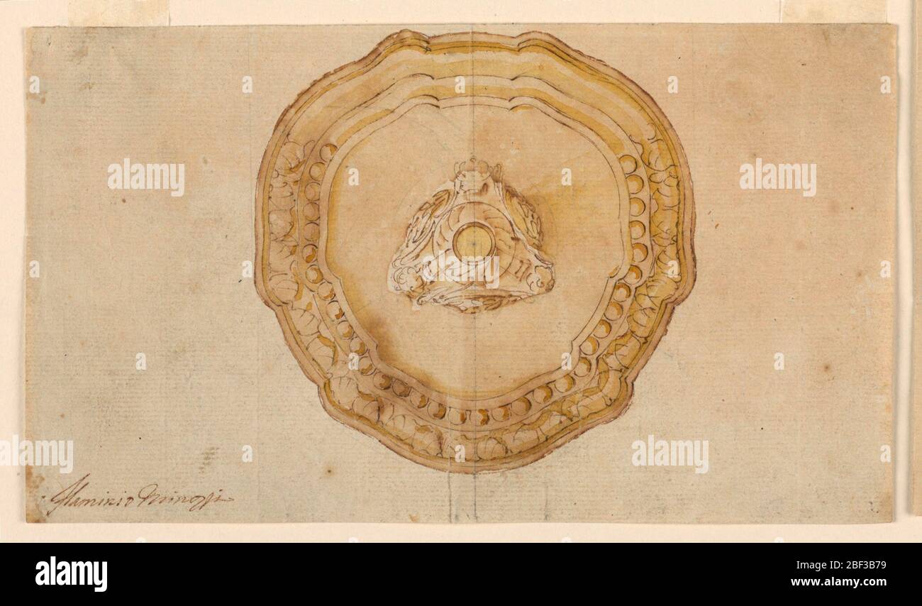 Entwurf für einen Kelchplan. Entwurf für einen Kelch, im Plan gesehen, in einer Form des siebzehnten Jahrhunderts, mit Louis XVI Motive der Dekoration. Stockfoto