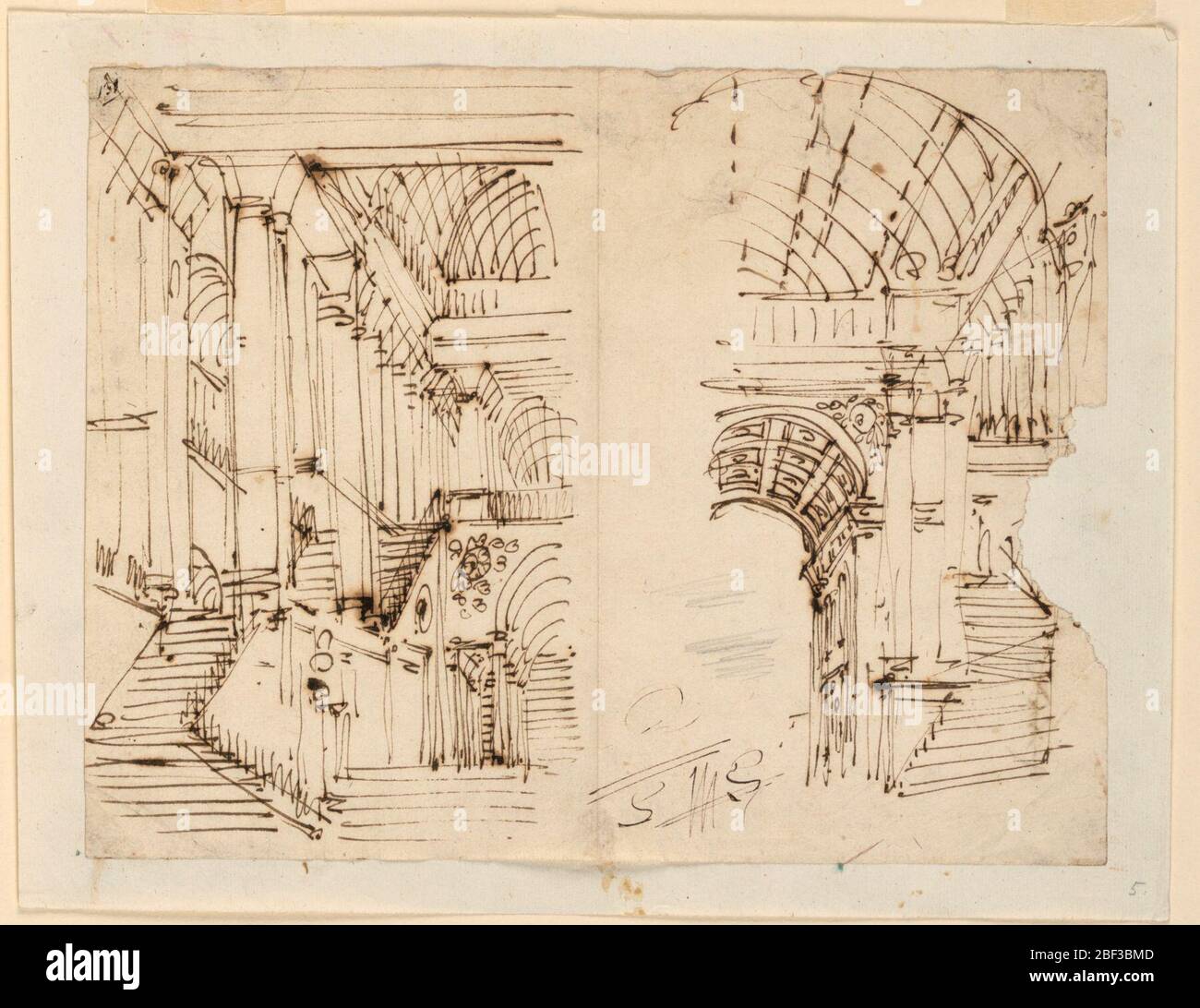 Treppenhäuser Für Bühnenbau. Horizontales Rechteck. Detailentwürfe für zwei verschiedene Treppenhäuser im Palast. Stockfoto