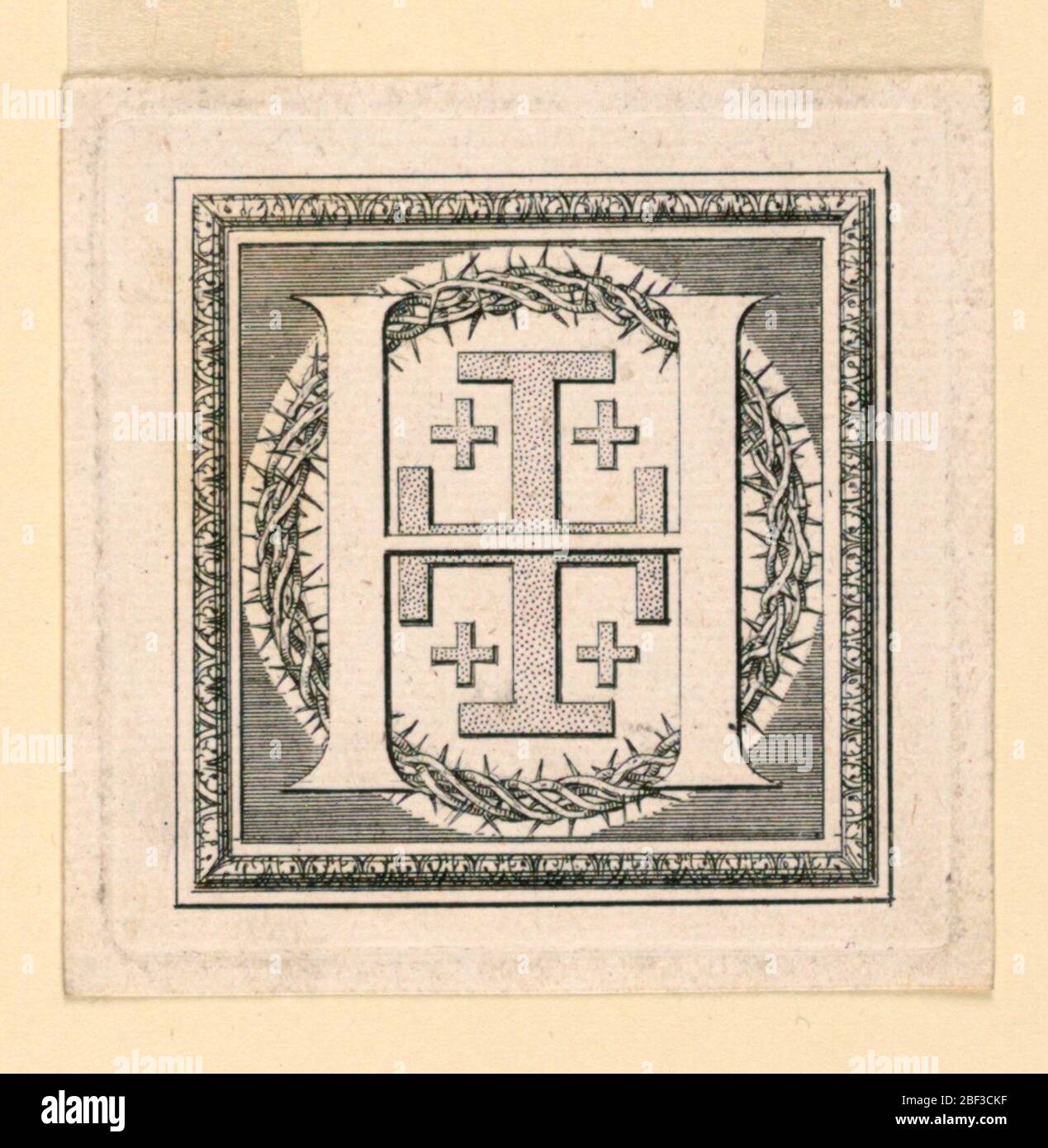 Buchstabe H von Baluzes Histoire gnrale de la Maison dAuvergne. H vor einem Jerusalem Kreuz und der Dornenkrone. Stockfoto