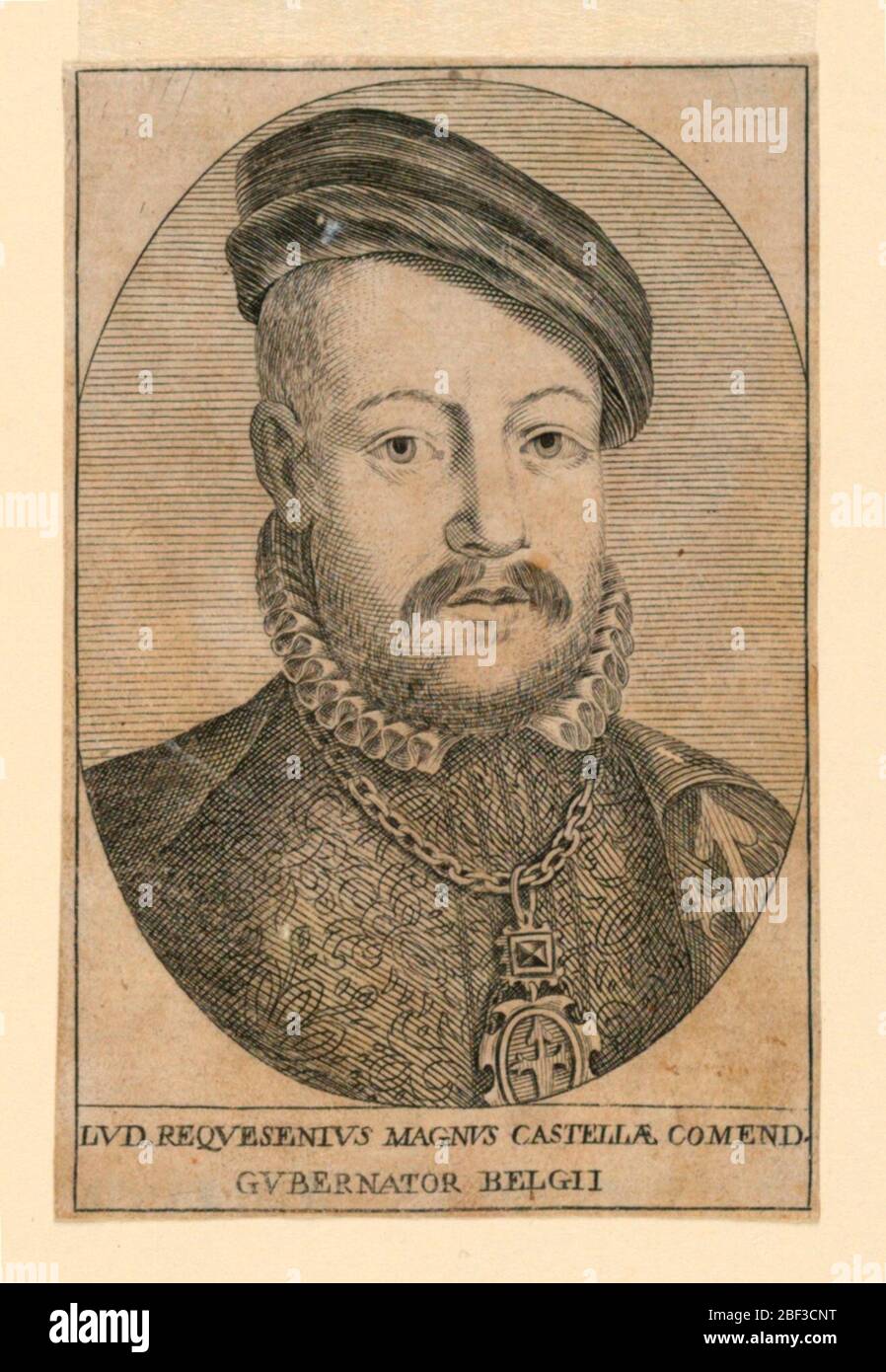 Porträt von Luis de Requesenius von 1576. Brustbild in Frontansicht eines älteren Mannes mit kleinem Hut, gekräuseltem Kragen und eng ansitzenden Jacke aus gemustertem Textil. Stockfoto