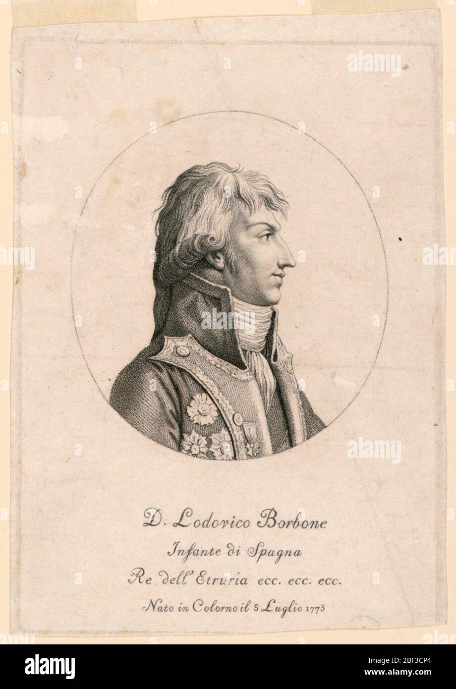 Porträt von Louis Bourbon Kleinkinder von Spanien 1773. Vust-length Portrait in side view to right. Der junge Mann trägt einen hohen Kragen mit mehreren Bestellungen. Stockfoto