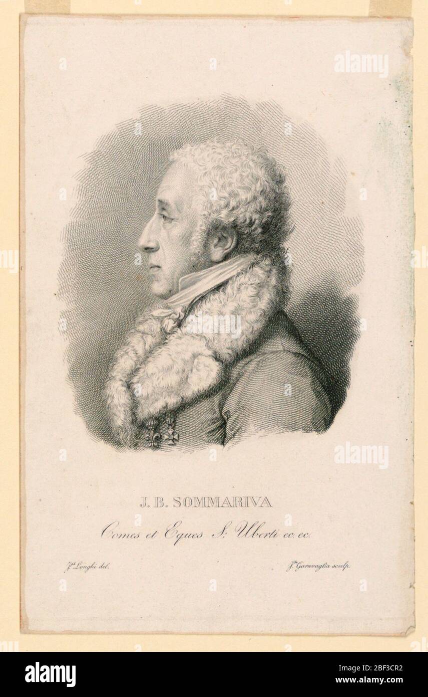 Porträt von J B Sommariva 17601826. Halblanges Hochformat in Seitenansicht nach links. Der Sitter ist barecoaded und trägt einen Mantel mit einem Pelzkragen. Hintergrund schattiert. Stockfoto