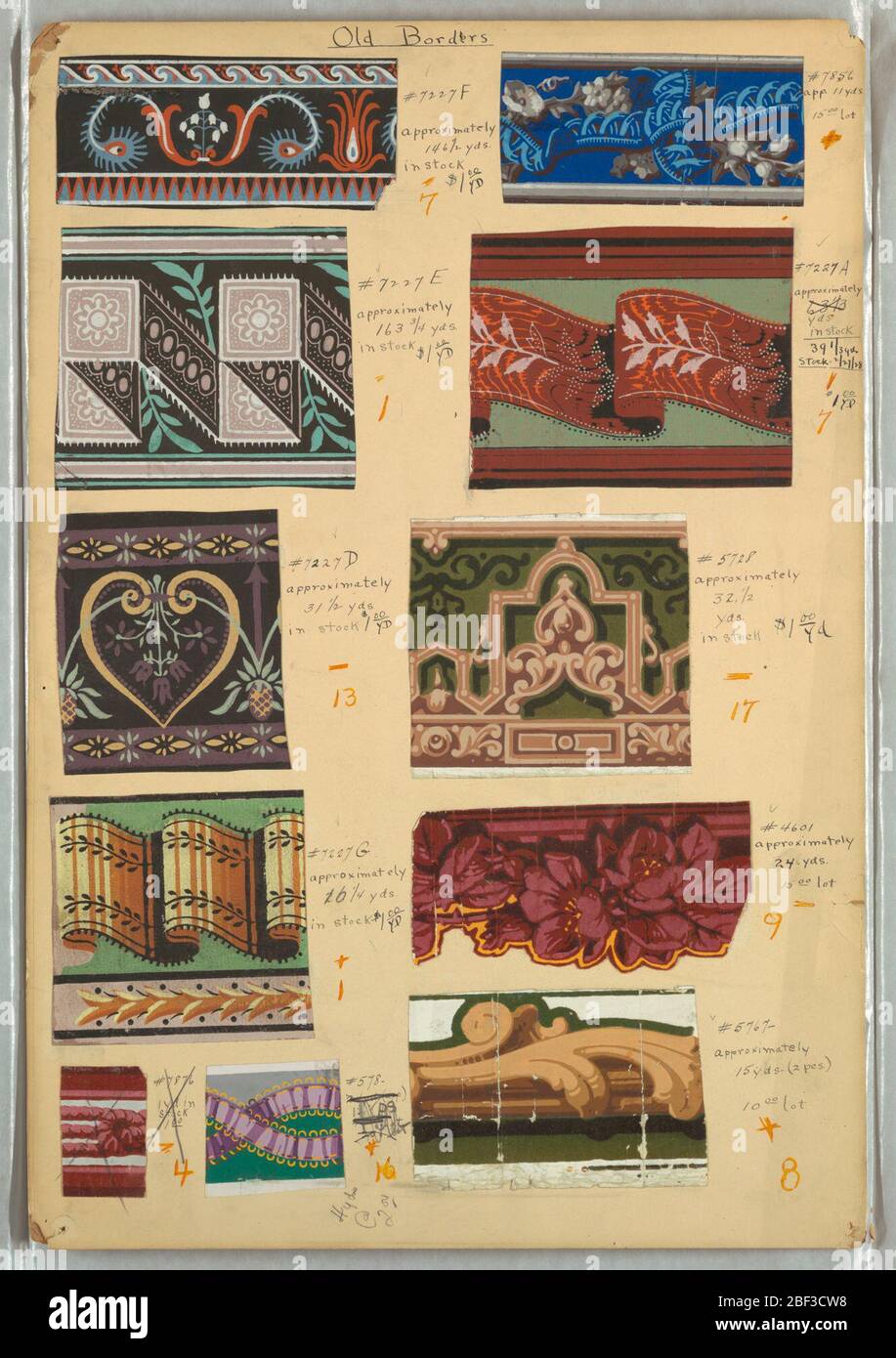 Rahmen. Elf Bordüren-Muster auf Bord, darunter Bänder, dreidimensionale Effekte, ausgefallene Gimp- und Blumenmotive. Stockfoto
