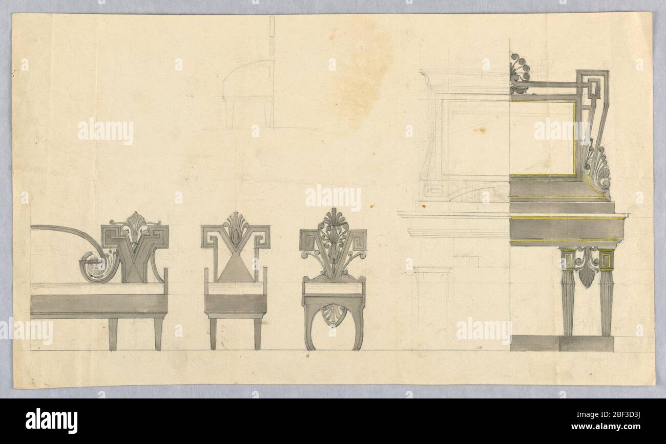 Designs für ein Sofa Stühle und Vanity Table. Horizontales Rechteck. Die Möbel sind im neo-griechischen Stil gestaltet. Links befindet sich die rechte Hälfte des Sofas, die von zwei Beinen getragen wird. Die Stühle sind von vorne zu sehen, der rechte mit geschwungenen Beinen. Alle drei Sitze haben die gleiche Polsterung. Stockfoto