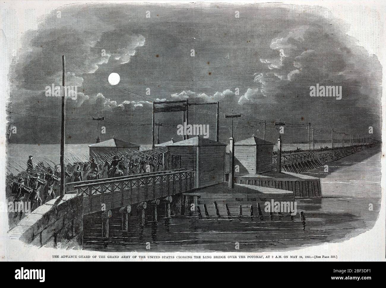Die Vorschussgarde der Großen Armee der Vereinigten Staaten Überqueren der langen Brücke über den Potomac um 2 Uhr morgens am 24 1861. Mai von Harpers Weekly 8. Juni 1861. Stockfoto