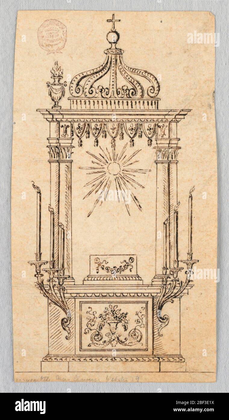 Entwurf für ein Baldacchino für die Ausstellung des Gastgebers. Ein Dado mit einer verzierten Tafel und zwei aufsteigenden Klammern mit drei Armen und brennenden Kerzen. Oben ist eine Basis unter einer Herrlichkeit von Strahlen. Seitlich sind Paare von eingebetteten Säulen, die die Entablatur unterstützen. Eine Krone auf der Oberseite zwischen Vasen mit Flammen. Stockfoto