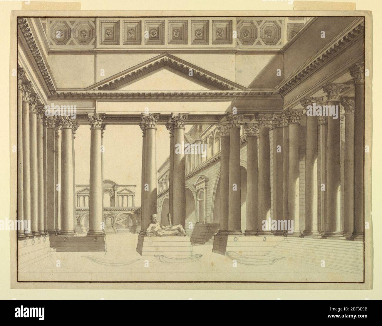 Bühnentempel am Flussufer. Horizontales Rechteck. Gruppe von Tempelgebäuden mit Säulengängen auf Flussseite. Unfertig. Stockfoto