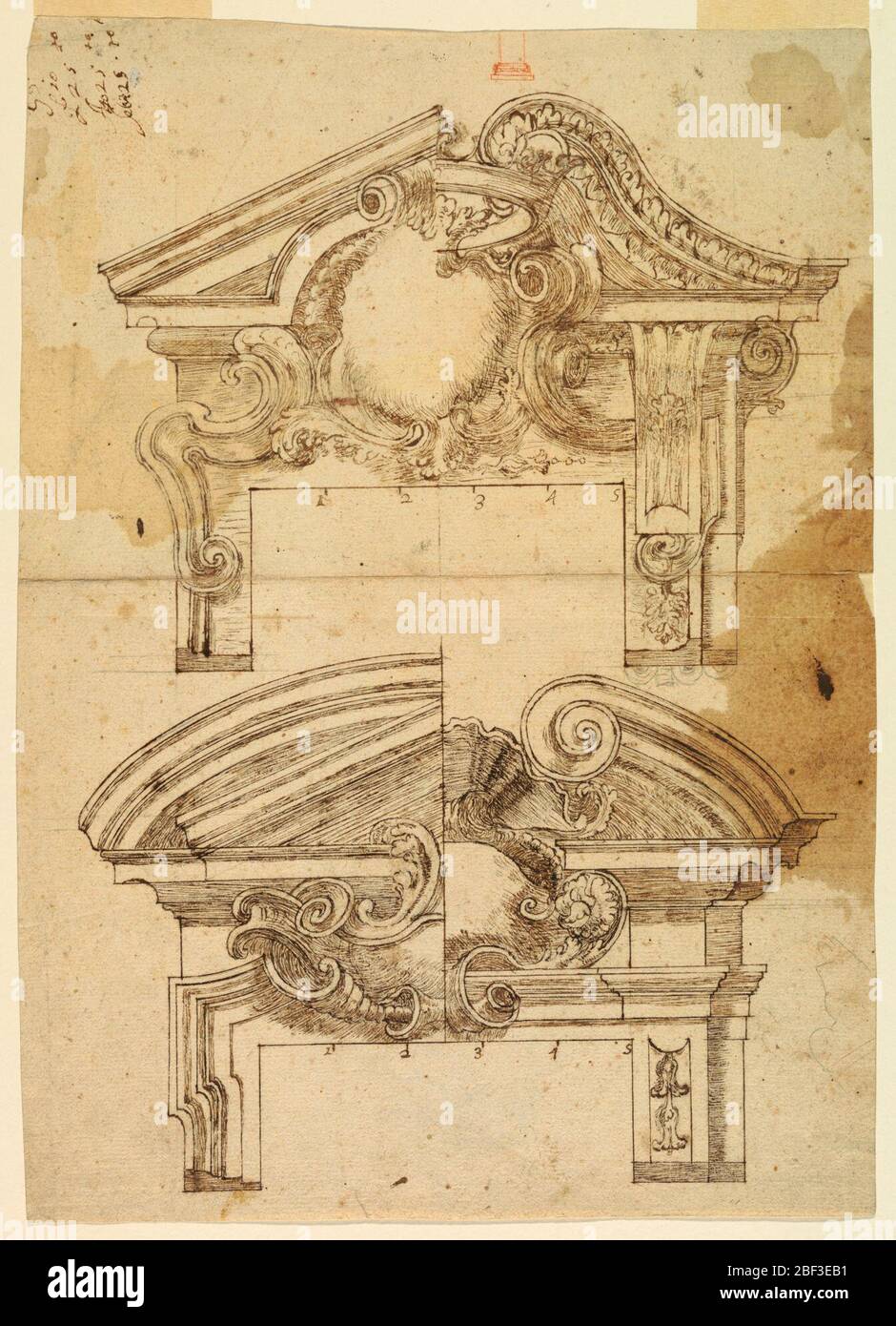 Overdoors mit alternativen Vorschlägen. Lose Architekturskizzen. Rechts, eine Hälfte eines großen Tores. Links eine Säule und eine kleinere Ansicht des Torwegans. Vorschlag für einen Plan unten. Stockfoto
