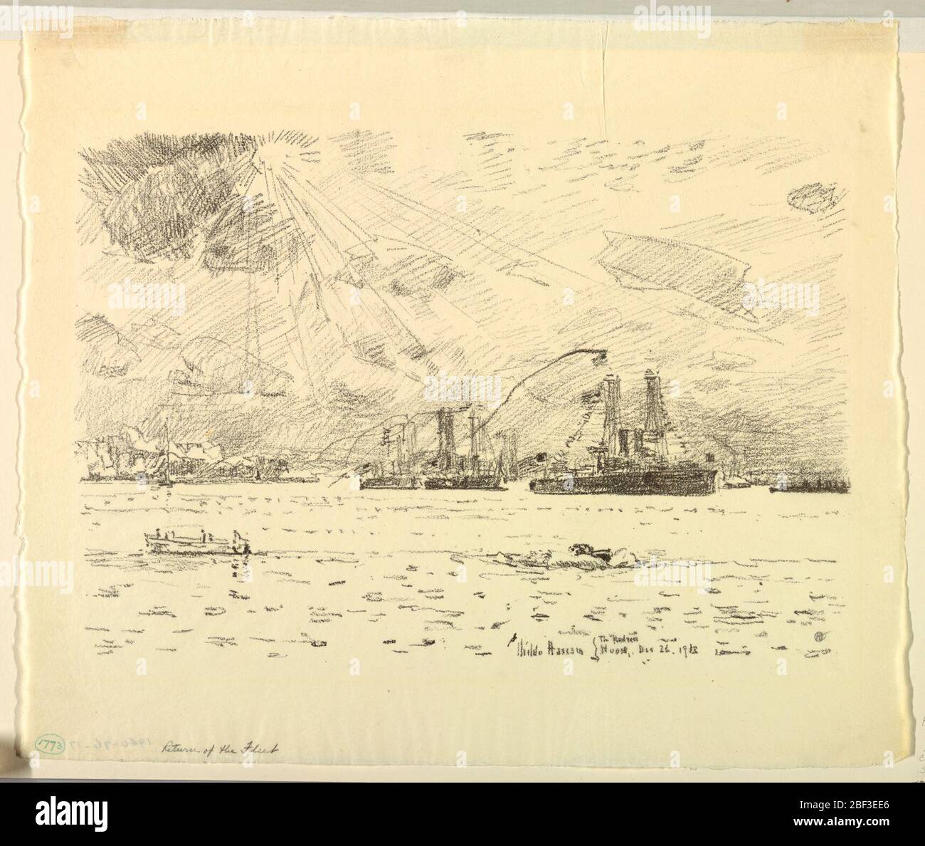 Rückkehr der Flotte. Im Hudson River liegen Schiffe vor Anker. Ein Start im unteren Vordergrund. Stockfoto