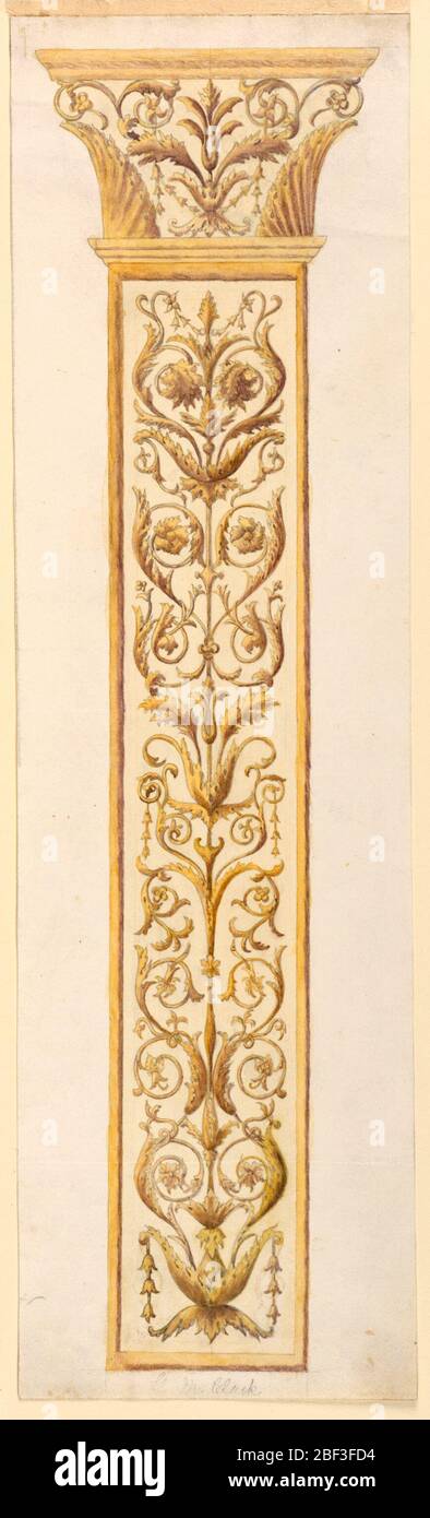 Design für eine dekorative Colonette. Vertikales Rechteck. Entwurf für eine ornamentale Kolonie im italienischen Renaissance-Stil, bestehend aus flachem Schaft mit Arabeske-Muster und einem Kapitell mit Arabeske-Muster und Akanthus-Blättern an den Winkeln. Stockfoto