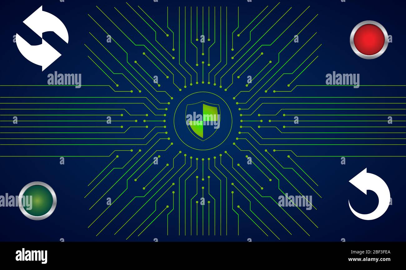 Rote und grüne Tasten mit Refresh-Symbolen auf abstraktem digitalen Hintergrund Stock Vektor