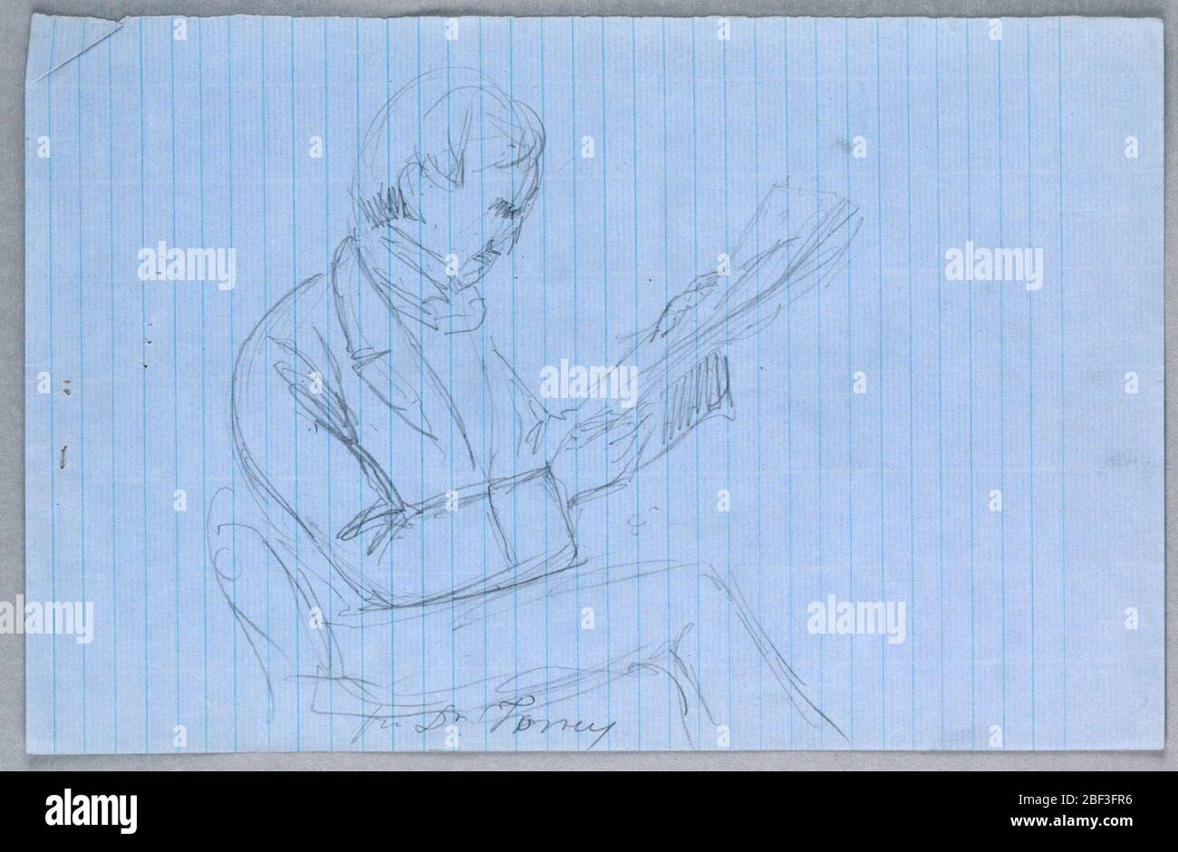 Studie für wissenschaftliche Gruppe. Mann im rechten Profil sitzend, ein Papier lesend. Seine Füße nicht gezeigt. Stockfoto