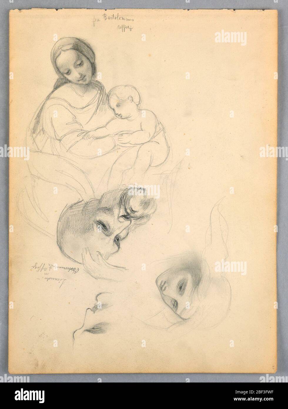 Madonna und Kind Skizzen nach Leonardo Da Vinci und Fra Bartolomeo von Werken in den Uffizien Florenz. Madonna mit Kind, oben links, mit Fra Bartolomeo's Name oben. Unten, Kopf einer Frau, ein älterer bärtiger Mann und das Gesicht eines Mannes, der richtig aussicht. Name zwischen ihnen. Stockfoto