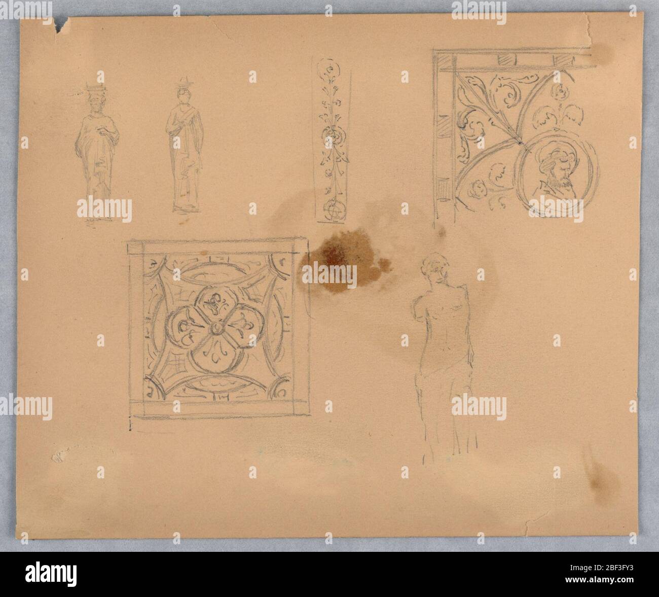 Skizzen von Dekorativen Platten oder Grillarbeiten. Zierplatten oder Gitter oben in der Mitte, oben rechts und Mitte links. Oberer Mittelteil der Platte oder Gitter, oben rechts, Ecke oder Platte oder Gitter, mit Akanthus-Blättern. Mitte links, Quadrat der Platte oder Gitter. Stockfoto