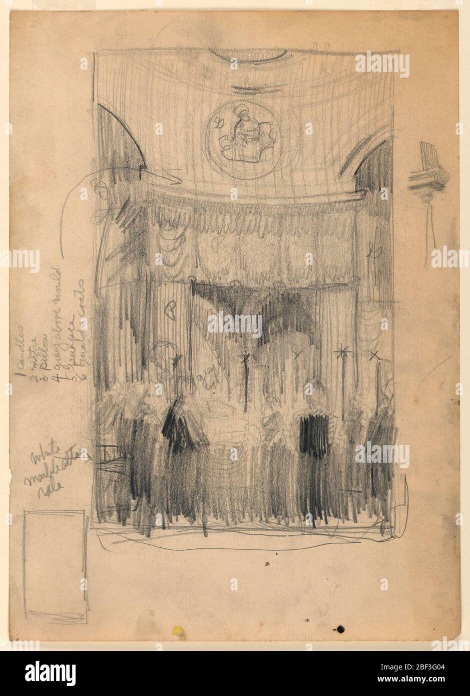 Beerdigung von James Cardinal Gibbons in der römisch-katholischen Kathedrale Baltimore MD. Skizze des Innenraums der römischen Kathedrale von Cahtolic in Baltimore, MD, mit einer Beerdigung. Die Kreuzung mit der Cataflaque ist von Trauernden und brennenden Kerzen umgeben. Stockfoto