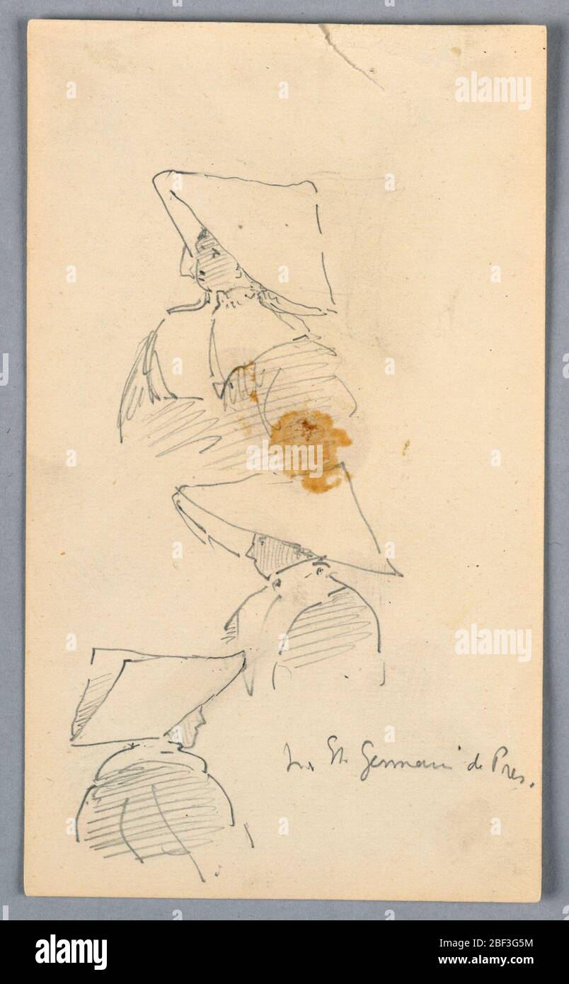 Drei Skizzen einer Nonne mit Hut. Drei Büsten einer Nonne in einer weißen dreieckigen Kapuze. Oben Mitte, Figur zeigt nach links, Kopf leicht nach oben geneigt; unten Figur zeigt nach links; unten rechts, Gesicht ist nicht vollständig sichtbar, Figur zeigt nach rechts. Stockfoto