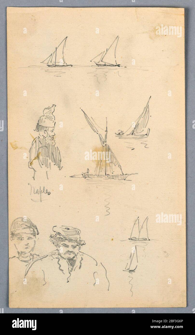 Skizzen in Neapel. Büsten von drei Männern, Mitte links, Profil der Büste des Mannes mit Hut und Bart nach rechts. Unten links, Skizzen von zwei Männern nach vorne, beide tragen Hüte. Verschiedene Skizzen von Segelbooten segeln auf der rechten Seite der Seite. Stockfoto