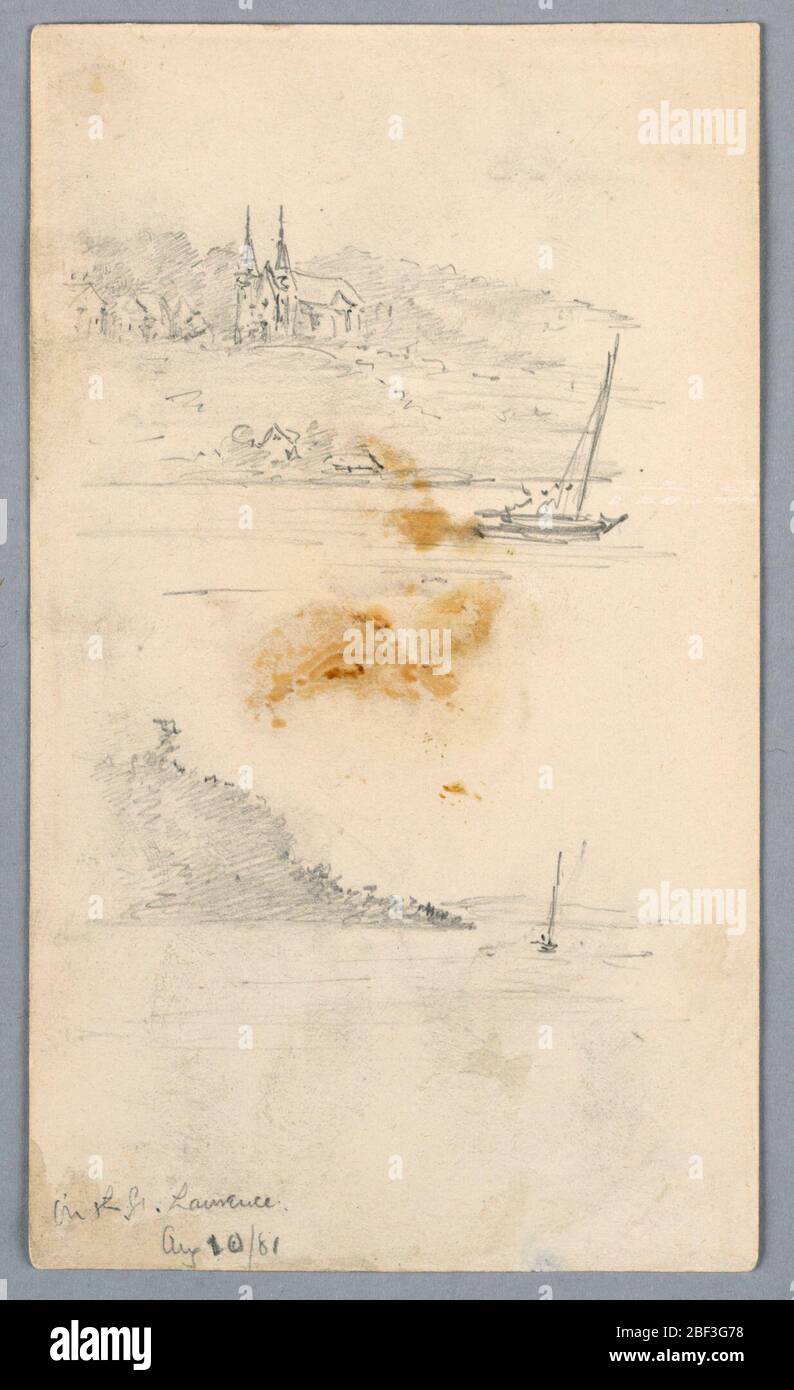 Zwei Skizzen von Segelbooten in St. Lawrence. Oben, Bank mit Kirche darauf. Unten eine breite Kurve, Grat links. Stockfoto