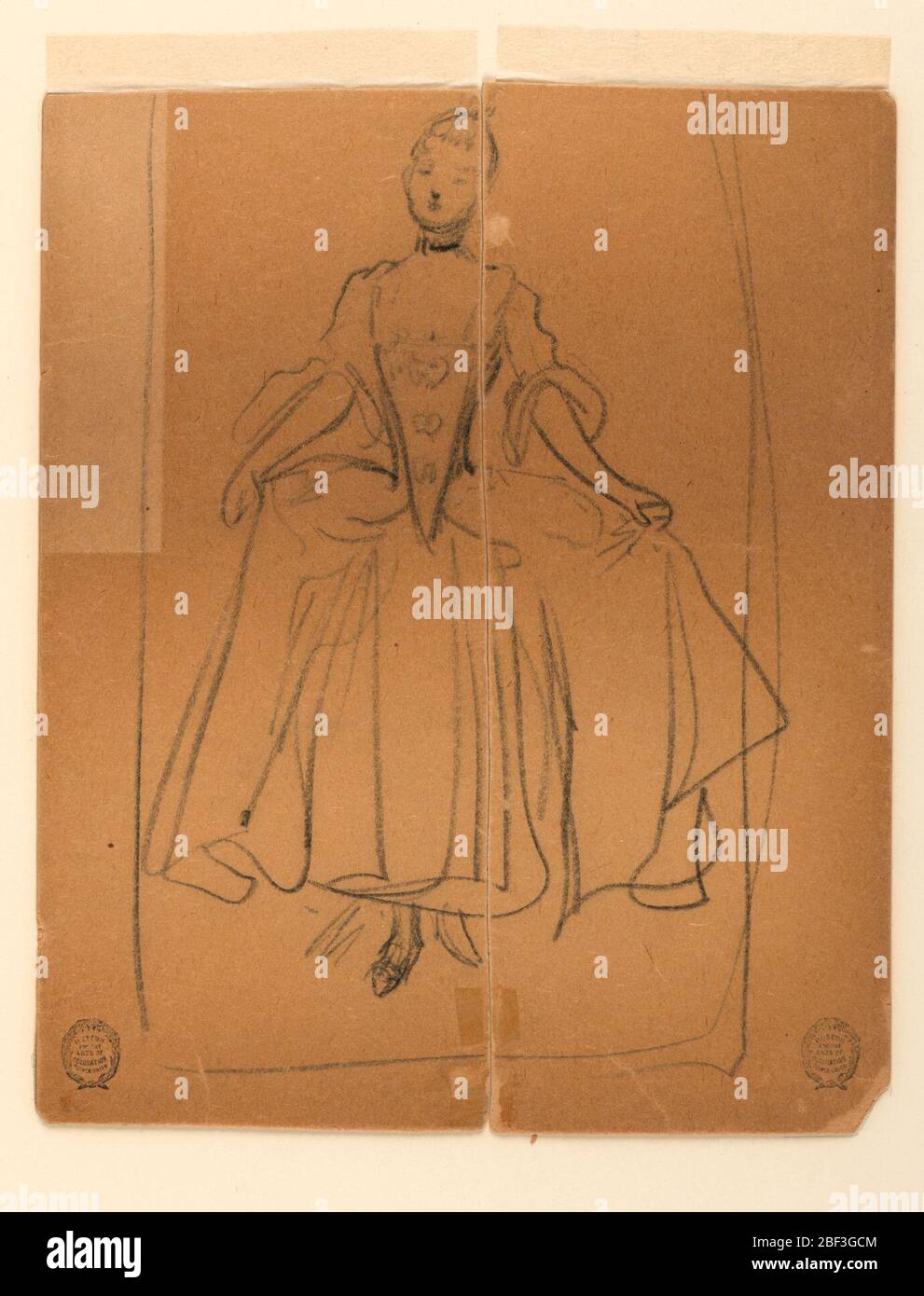 Skizze der Frau in der Periode Kostüm. Skizze einer Frau im Stil von etwa 1760 gekleidet, hält voluminösen Rock in ihren Händen. Stockfoto