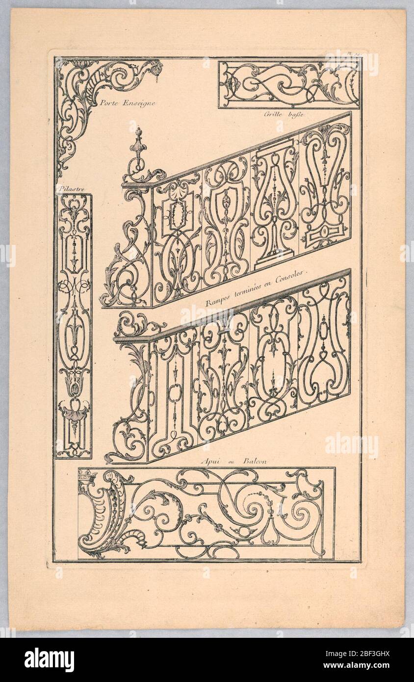 Teller 94 von Divers Dessins de Balcons plusieurs verwendet verschiedene Balkondesigns. Eine Vielzahl von Designs für Eisenarbeiten einschließlich Pilastern, Türschilder und Balkone. Stockfoto