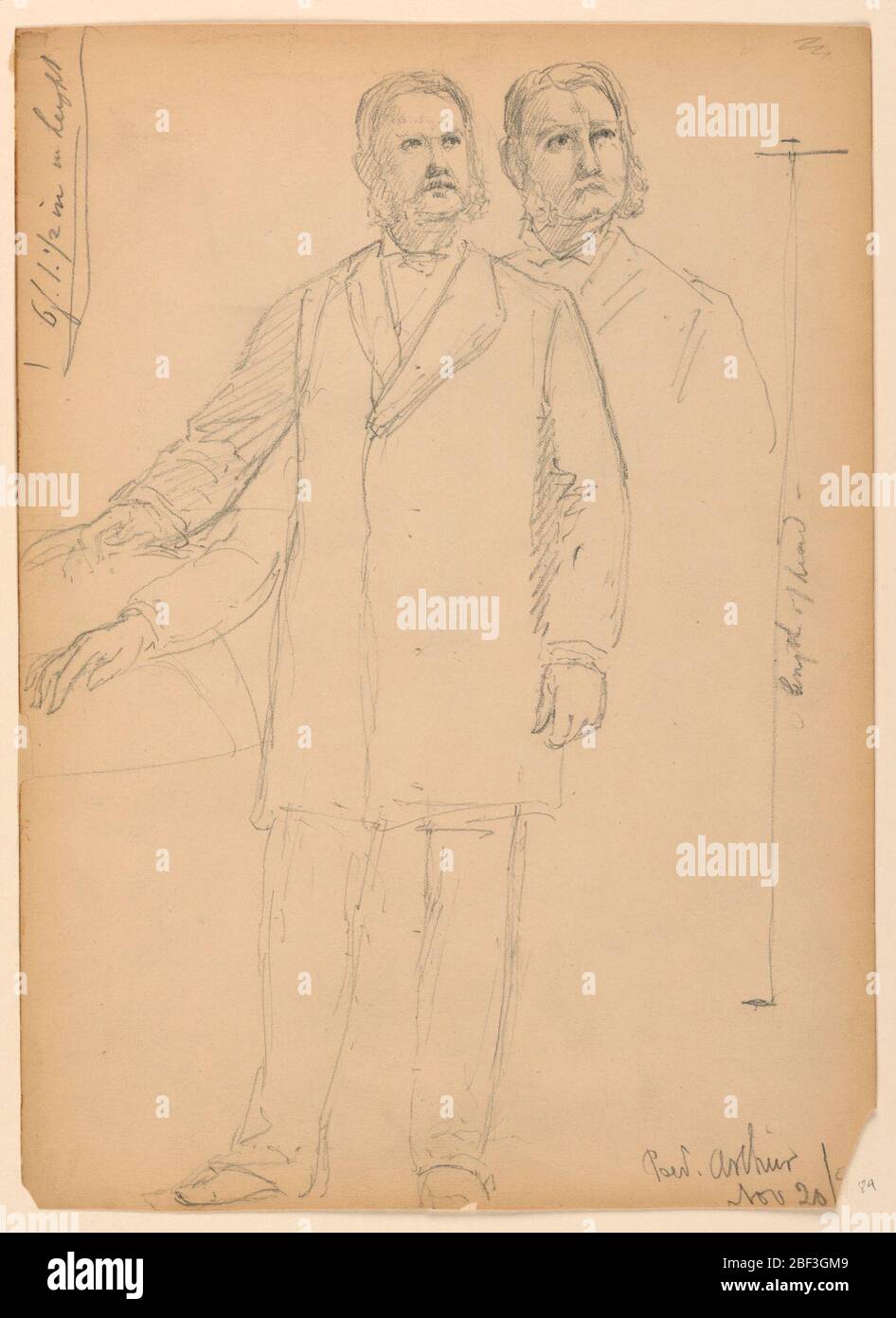 Präsident Chester EIN Arthur mit separatem Kopf Schulter und Arm Studie. Stehende männliche Figur mit erhobener rechter Hand und linkem Arm an der Seite, nach oben nach rechts schauend. Zusätzliche Studien zu rechtschulfdem Arm, Kopf und Schulter. Verso: Drei Fußstudien. Stockfoto