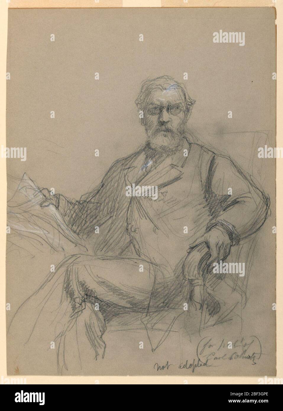 Carl Schurz sitzend beim Lesen einer Zeitung. Dreiviertel-Porträt einer sitzenden männlichen Figur mit Brille. Seine linke Hand liegt auf dem Arm eines Stuhls, und seine rechte Hand hält eine Zeitung. Nach links gerichtet, mit nach rechts gedrehten Kopf. Stockfoto