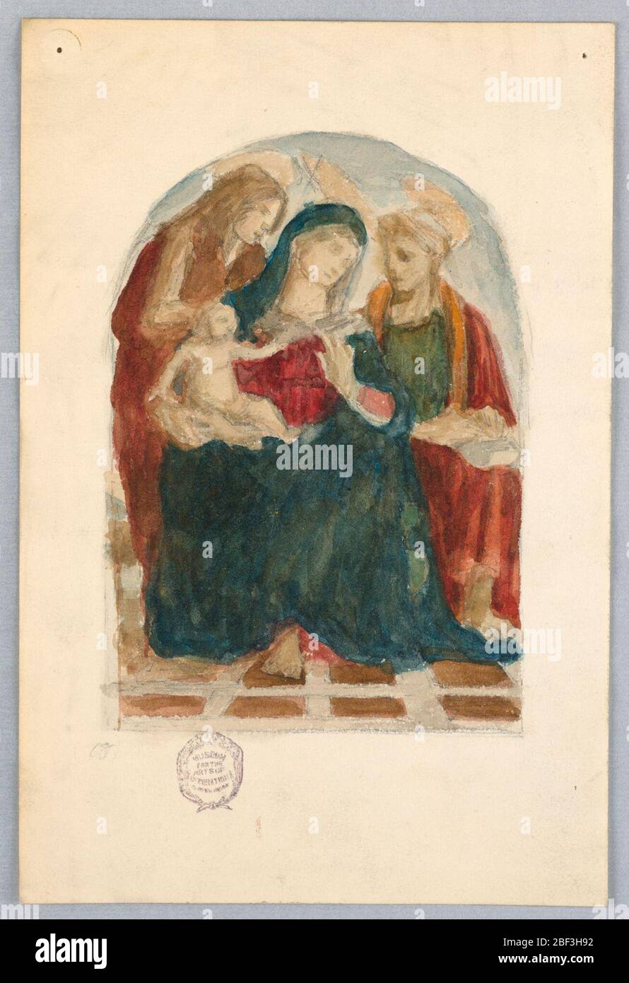 Madonna mit Kind. Madonna in rot und blau, Mitte, sitzend mit Kind. Ein heiliger auf jeder Seite, nach innen gerichtet. Stockfoto