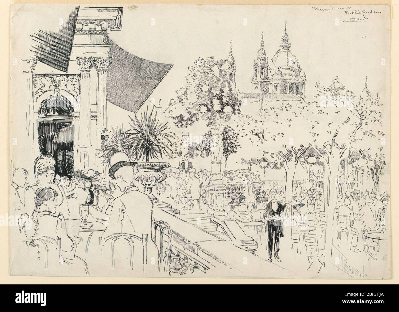 Musik in einem öffentlichen Garten. Illustration eines großen Outdoor-Cafés in Budapest. Leute sitzen an Tischen, mit Terrasse im linken Vordergrund. Stockfoto