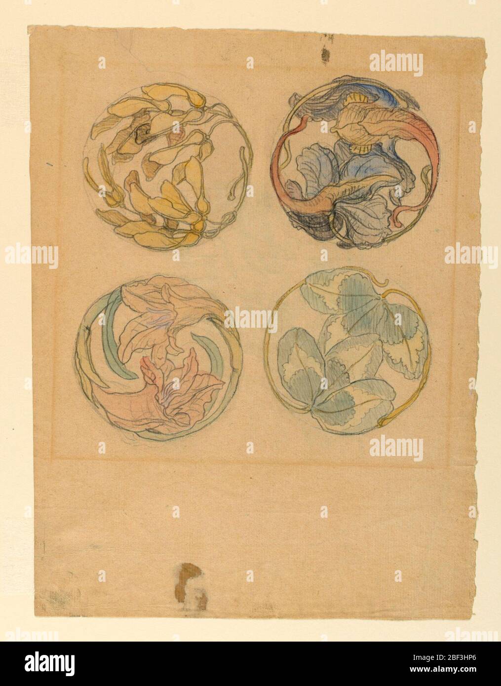 Flower Studies vier Designs für kreisförmige Ornamente. Horizontale Ansicht der Ornamente, die aus zwei Blütenblättern und Blättern links zusammengesetzt sind; von zwei Ästen mit Ahornblattkernen rechts; in der oberen Reihe von zwei Blattästen links von mehreren Ästen mit Blättern und einem Blütenblatt rechts in der unteren Reihe.Verso: Ein großes Schloss auf dem Dach Stockfoto