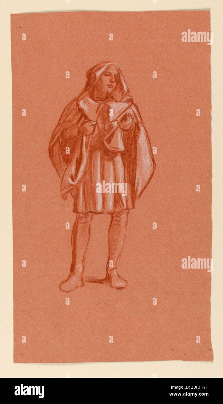 Studie für Hochzeitsprozession. Fast ganzlange Skizze einer jungen männlichen Figur in Kostüm, stehend, dem Zuschauer gegenüber, der Kopf nach rechts gewandt. Er hält ein kleines, offenes Buch in der rechten Hand. Stockfoto