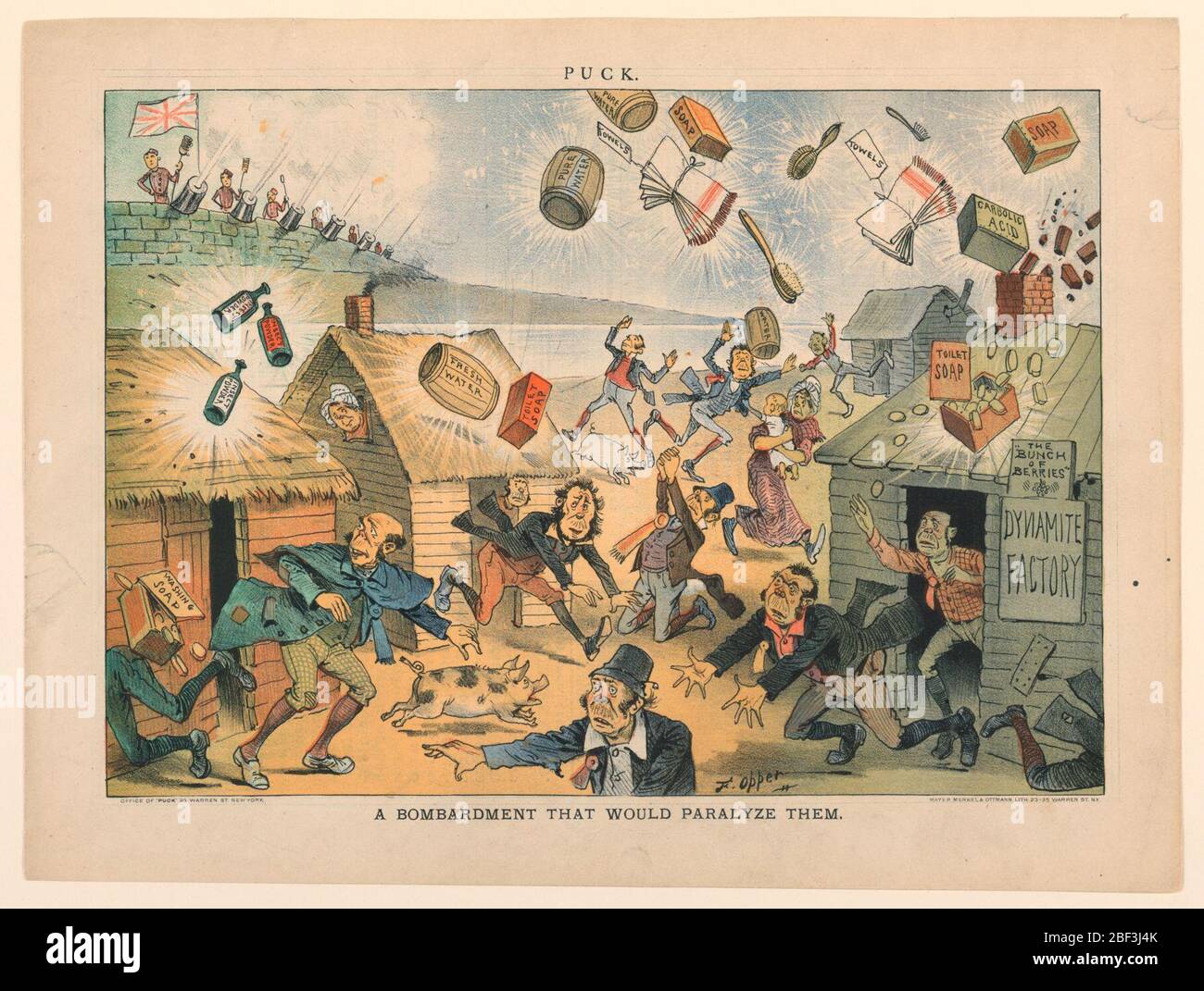 Ein Bombardement, das sie lähmen würde. Eine Siedlung von vier Häusern im Vordergrund wird mit Seifenprodukten, Handtüchern, Wasserfässern usw. aus einem Festung Hintergrund bombardiert. Die Menschen laufen aus Häusern in Panik. Illustration für den Rückumschlag von Puck, Vol. XIII, No. 319, 18. April 1883. Stockfoto