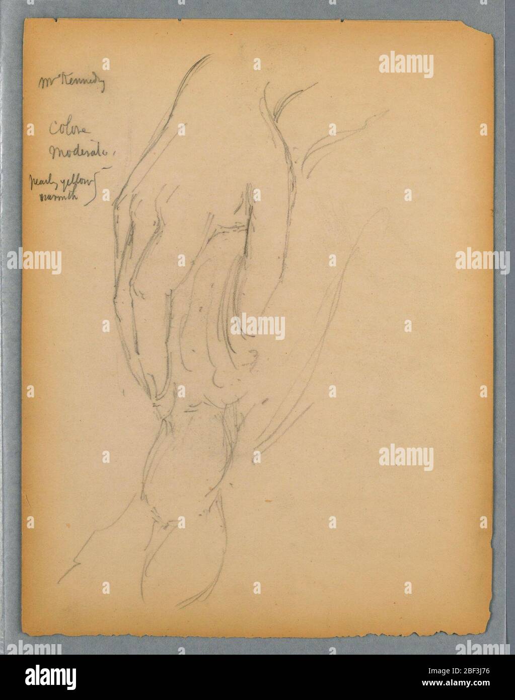 Skizze der rechten Hand für Portrait von Frau Kennedy. Skizze der rechten Hand auf dem Arm des Stuhls. Stockfoto