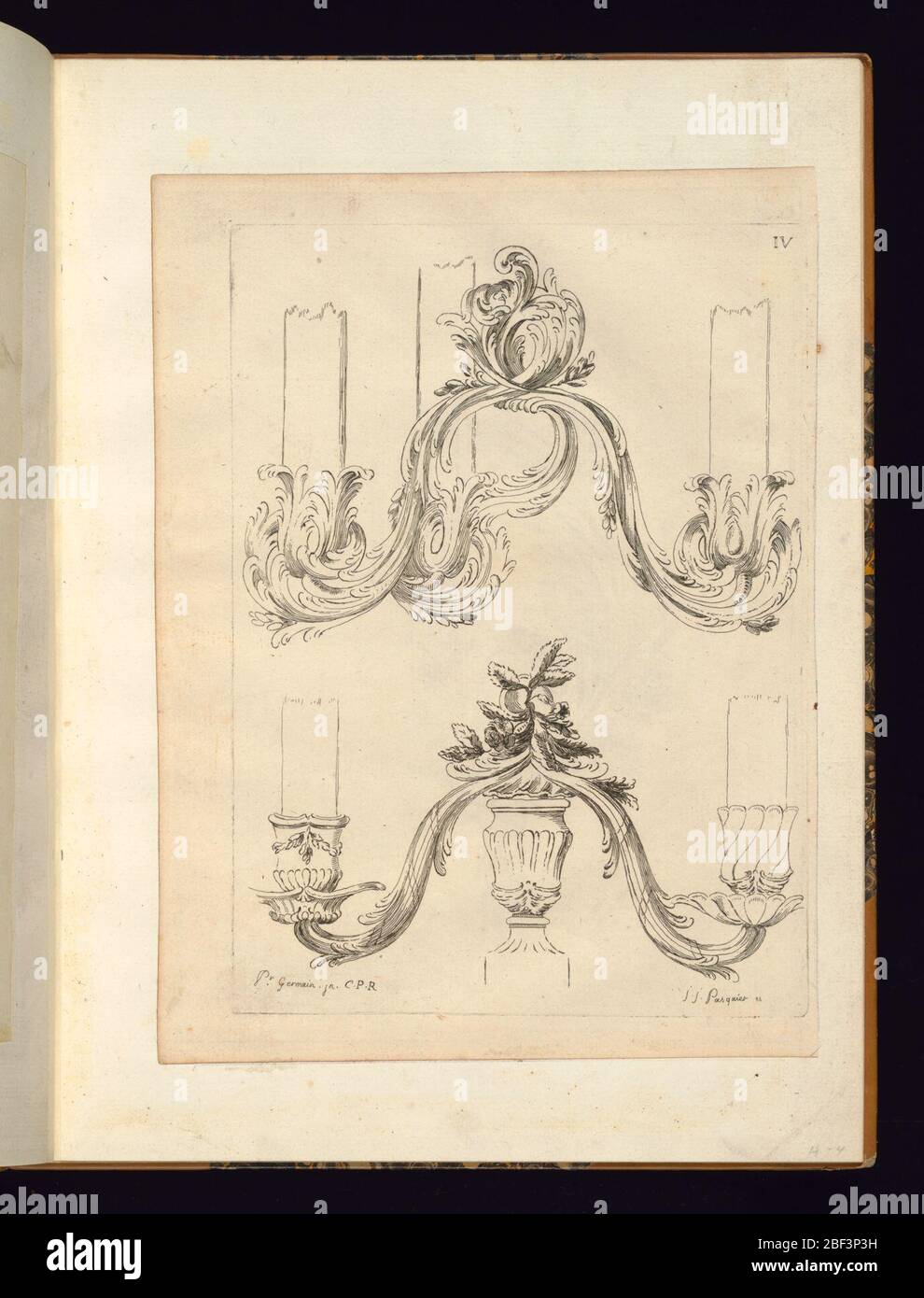 Design für Ornamente möglicherweise Kerzenhalter. Rocaille-Motive für zwei Ornamente, eventuell Kerzenhalter. Stockfoto Design für Ornamente möglicherweise Kerzenhalter. Rocaille-Motive für zwei Ornamente, eventuell Kerzenhalter. Stockfoto