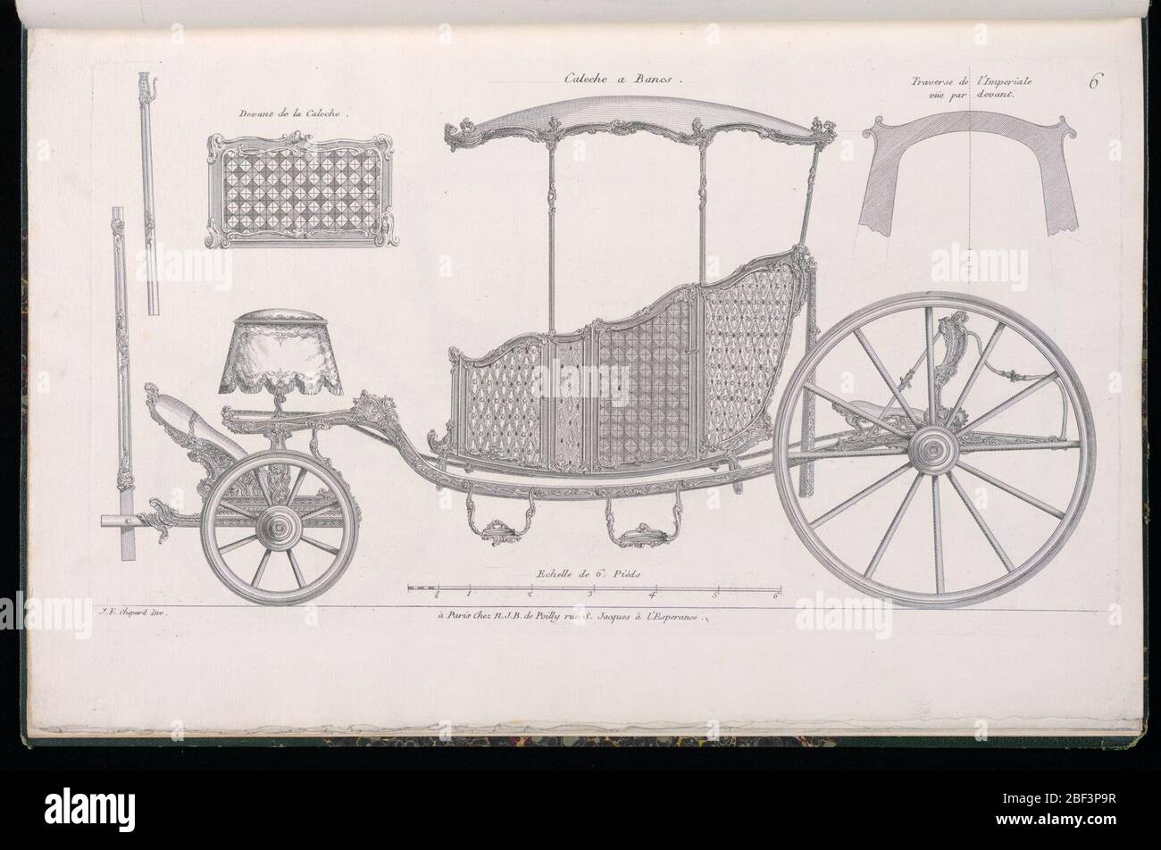 Platte 6 Calche Bancs Pferdewagen mit Bänken Modles de Voitures Louis XV Modelle von Louis XV Wagen. Platte 6, Folio 6 einer Serie von 13 Drucken von Designs für Wagen oder Reisebusse. Pferdekutsche mit Rokoko-Motiv, in Höhe dargestellt, mit Details der verschiedenen Teile oben links und oben rechts. Stockfoto