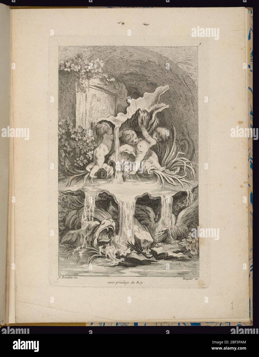 Platte 7 Receuil de Fontaines Sammlung von Brunnen. Folio 7, Platte 7 einer Serie von 7. Design für einen Brunnen. Rokoko-Brunnen-Design mit drei Putten spielen auf einer großen Schale voller Wasser und Unterstützung einer anderen Schale über ihren Köpfen. Stockfoto