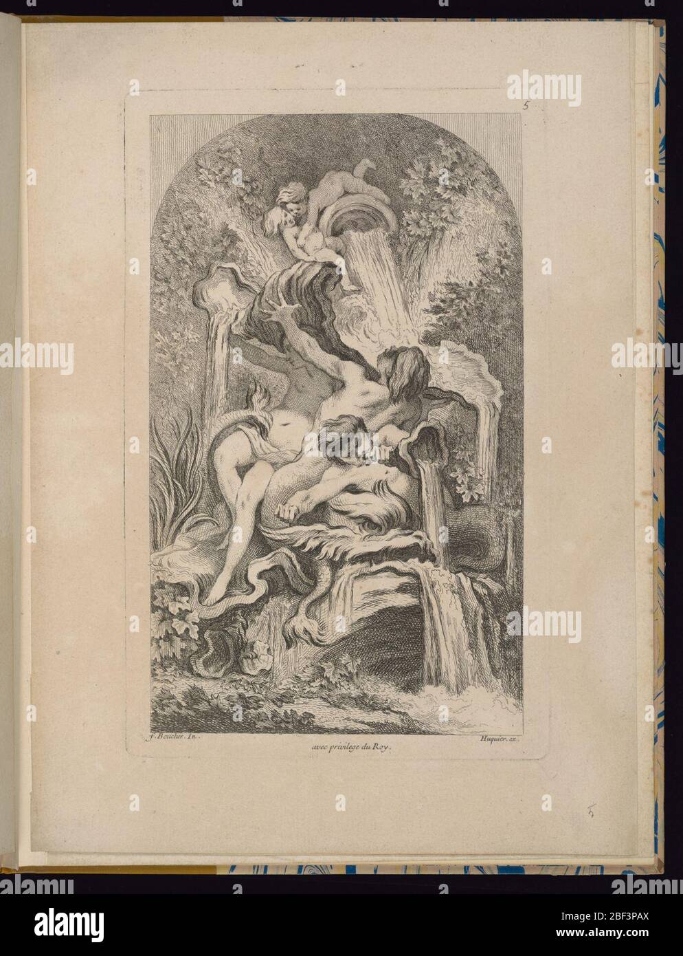 Platte 5 Receuil de Fontaines Sammlung von Brunnen. Folio 5, Platte 5 einer Serie von 7. Design für einen Brunnen. Rokoko-Brunnen mit zwei Tritonen und einer Nymphe, die sich auf einem grotesken Gesicht eines Meeresmonsters zurücklehnen. Die Figuren stützen eine Schale, auf der zwei liegende Putten stehen. Stockfoto