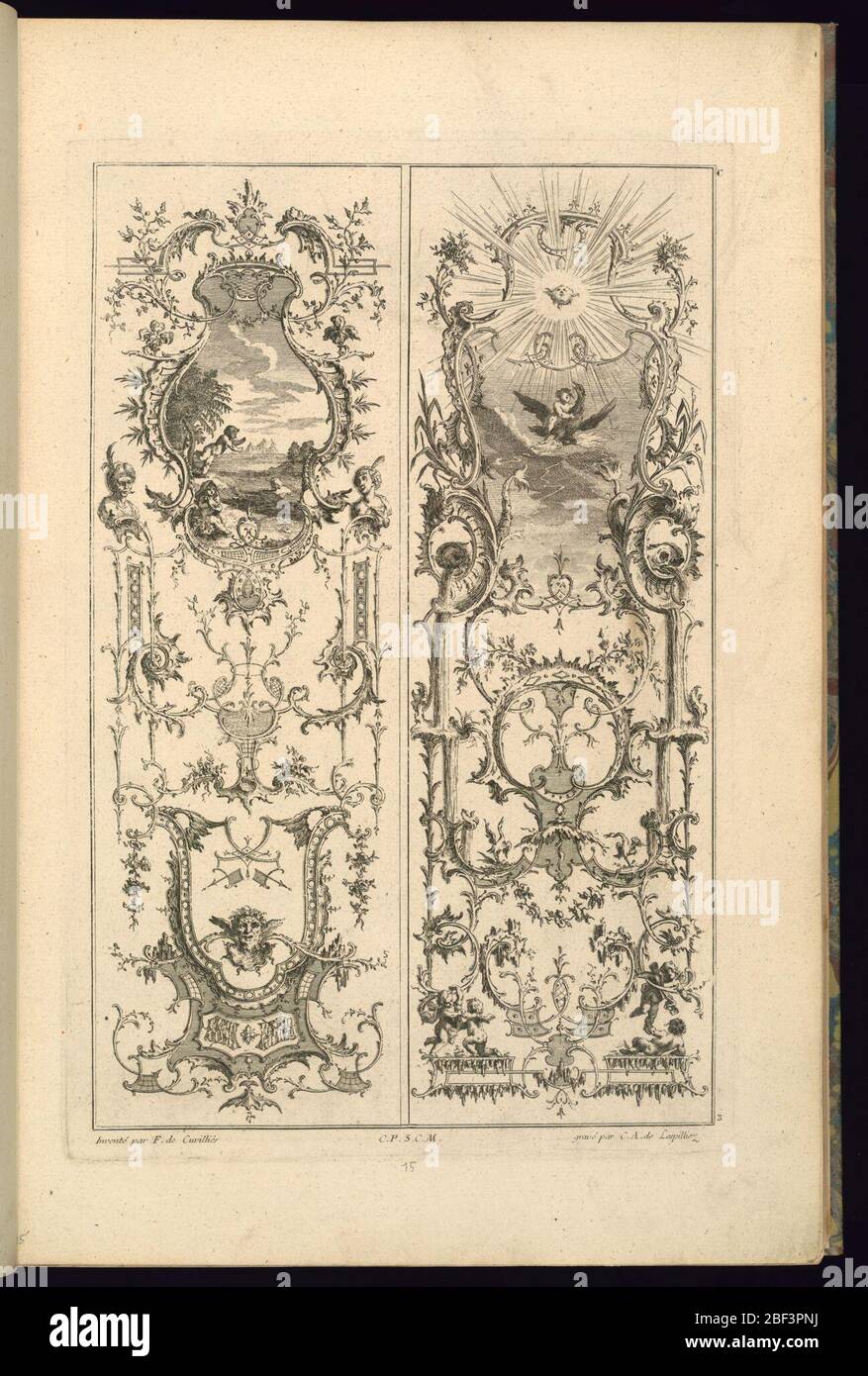 Design für zwei Platten. Links ein schwimmende Putto; rechts Putto auf einem Adler. Stockfoto